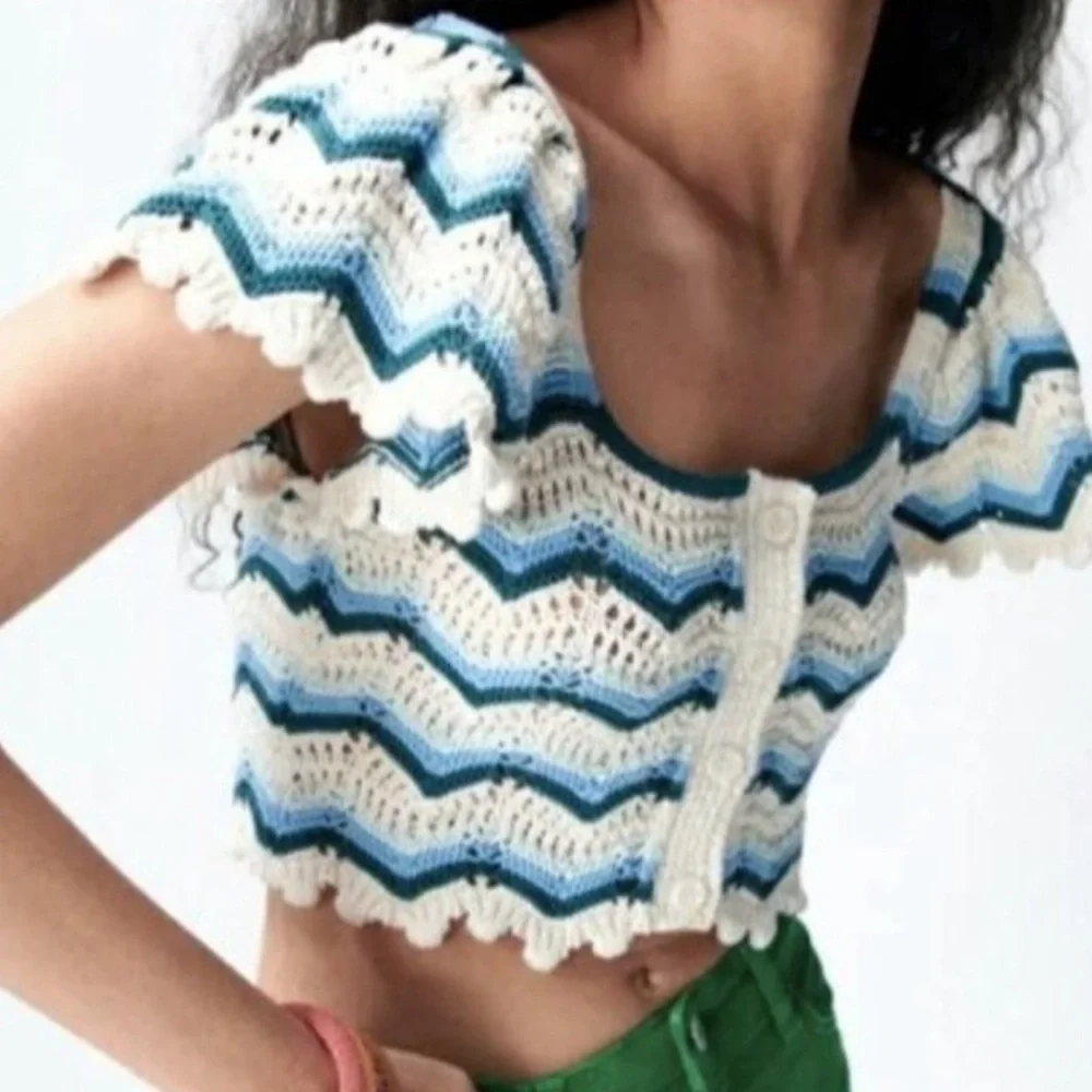 Zara Crochet NWT Crop Top Chevron Scalloped Button Front